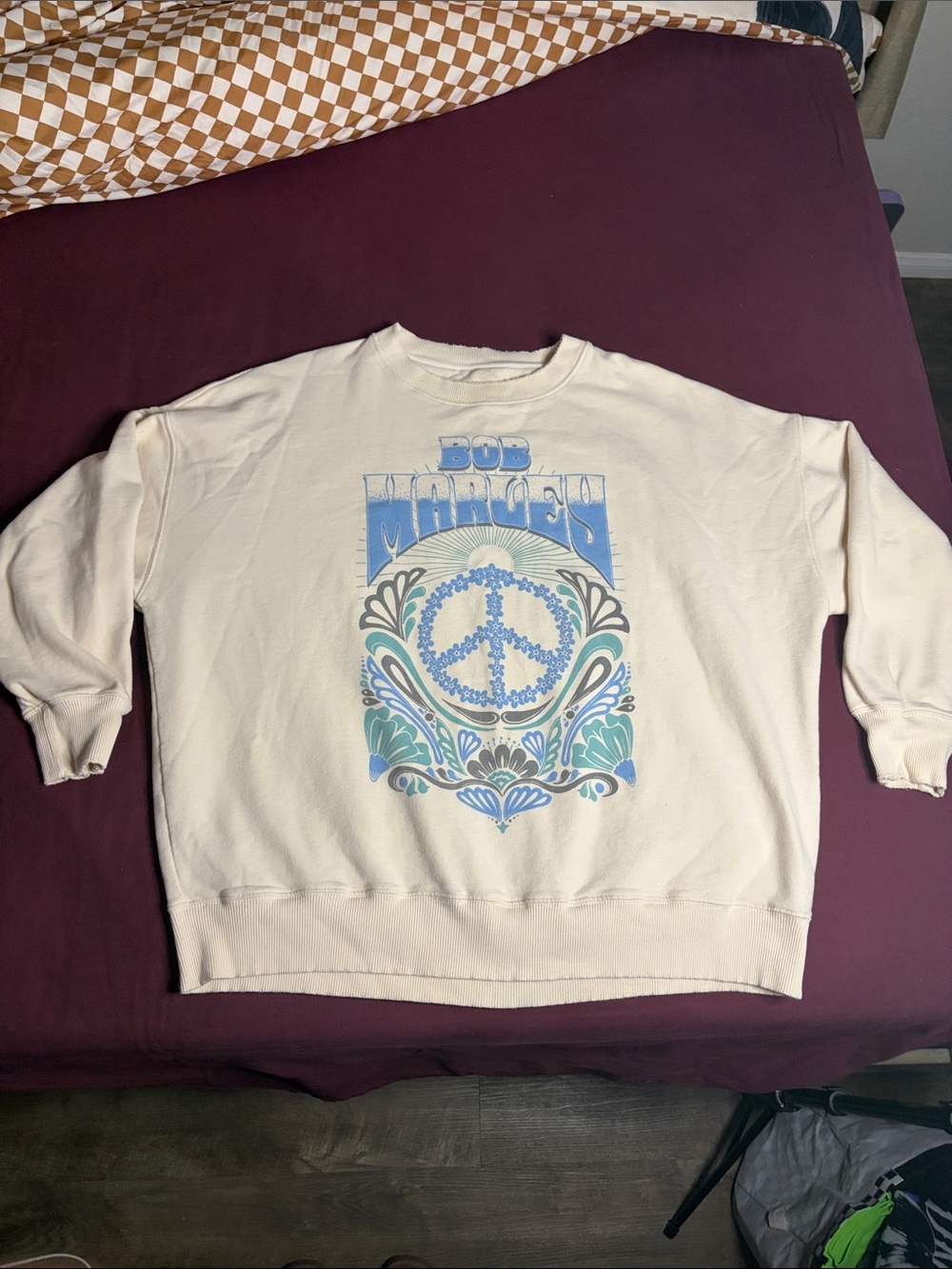 Cream Graphic Bob Marley Peace Sign Crewneck Sweater
